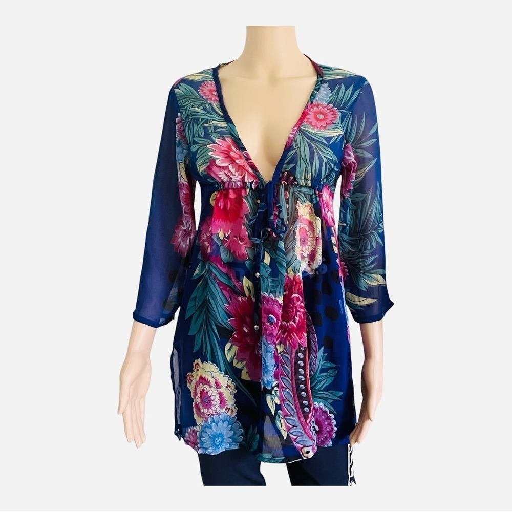 Paradise sheer blue floral cover-up One Size 3/4 sleeves open front tie closure
